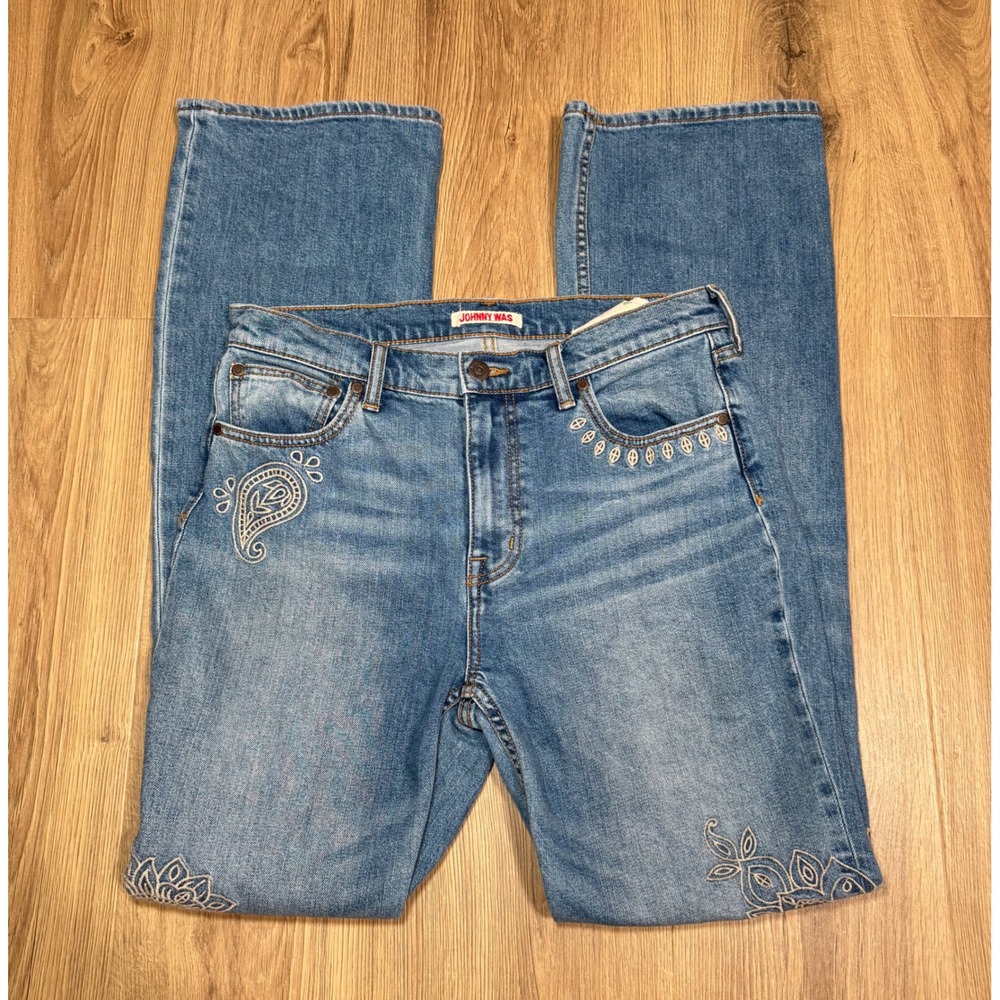 Johnny Was Embroidered Flare Boot Leg Jeans Denim Floral Paisley Boho Womens 28
